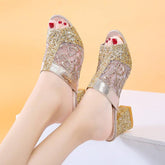 Mouth Sandal Mesh Hollow Slip On Woman High Heel Solid-BS00959-Veeddydropshipping
